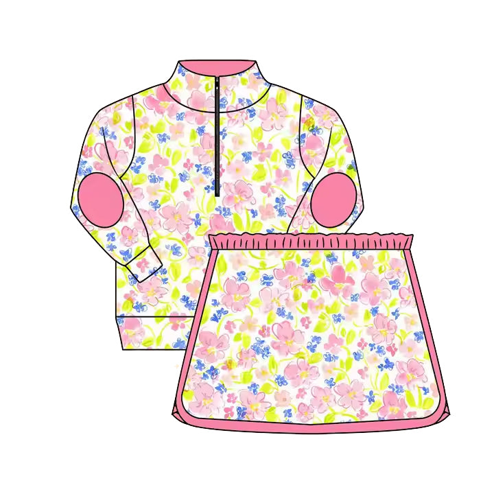 preorder GLD1018 Baby Girls Long Sleeves Pink Floral Zipper Pullover Top Skort Set D 3.12