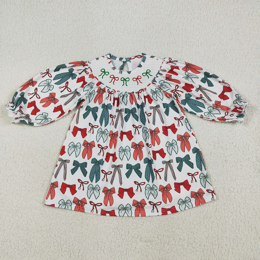 GLD1028 Baby Girls Christmas Colorful Bows Smocked Knee Length Dresses D 7.12
