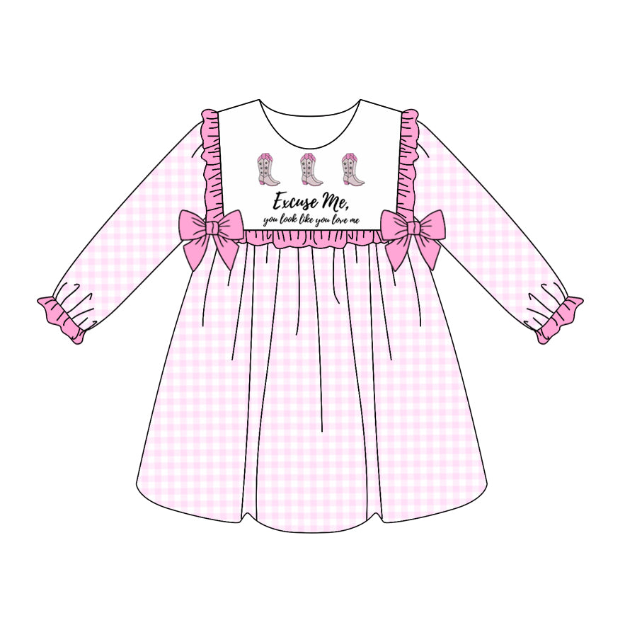 presale GLD1031 Letter Boots Lace Bowknot Pink Plaid Long Sleeve Dress D 4.22