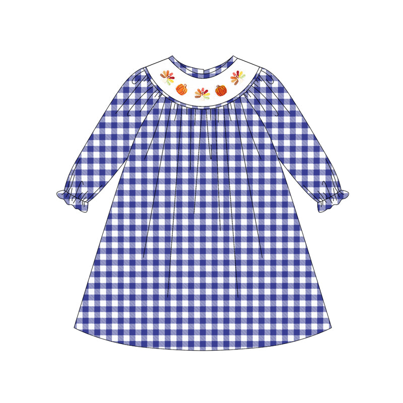 presale GLD1041 Baby Girls Long Ruffle Sleeves Blue Plaid Smocked Turkey Pumpkins Knee Length Dresses D 5.14