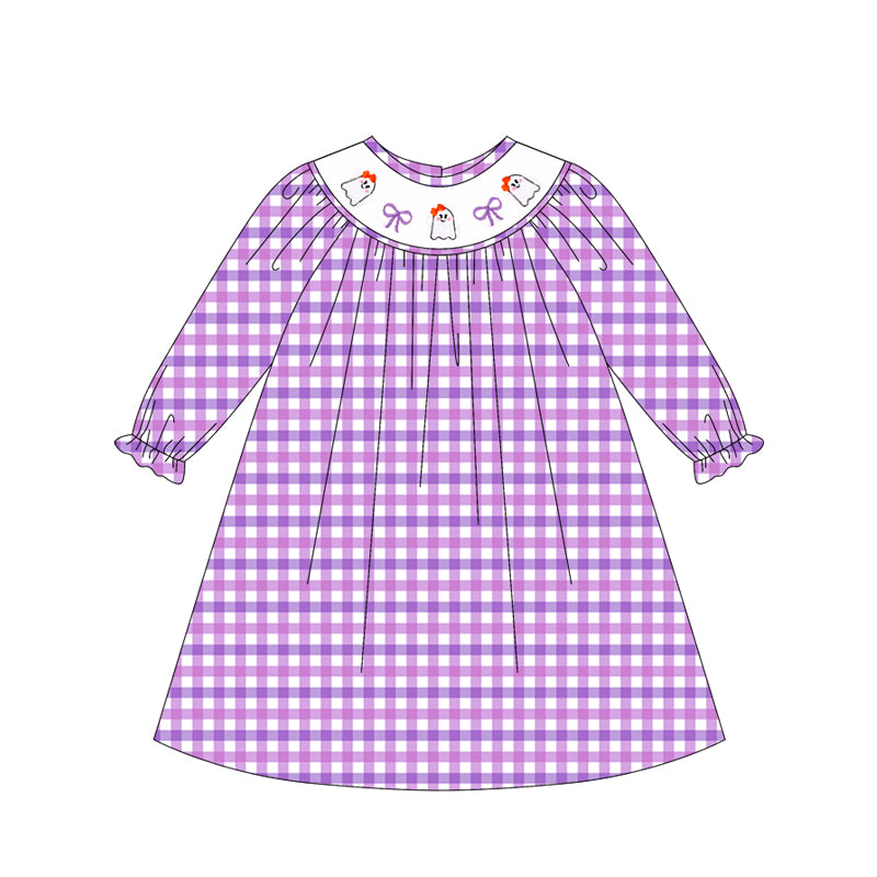 presale GLD1043 Baby Girls Long Ruffle Sleeves Purple Plaid Smocked Bows Ghosts Knee Length Dresses D 5.14