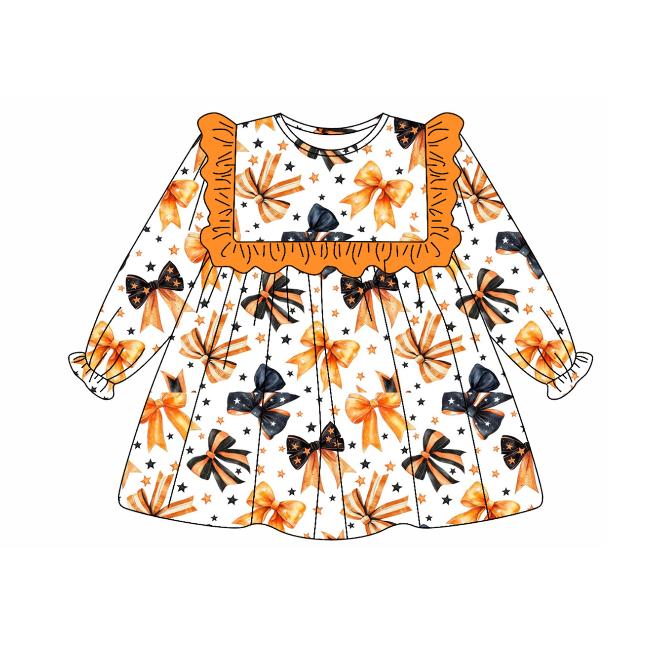 presale GLD1044 Baby Girls Long Ruffle Sleeves Colorful Bows Stars Knee Length Dresses D 5.14