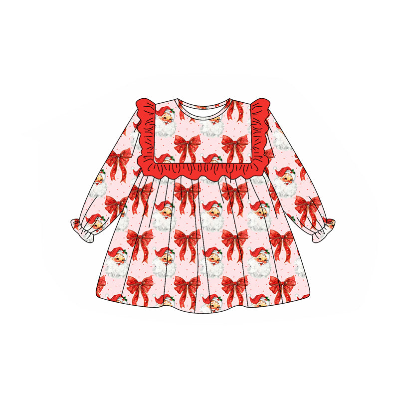 GLD1047 Baby Girls Long Ruffle Sleeves Red Santa Bows Knee Length Dresses D 6.23