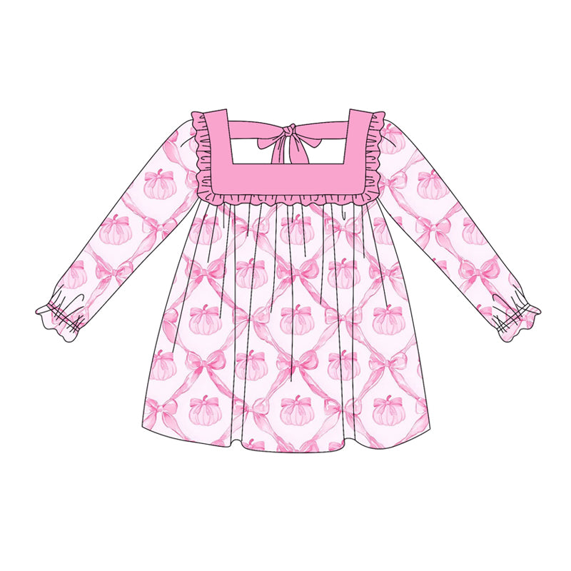 presale GLD1052 Long sleeves pink ruffle pumpkin bow girls fall dresses D 5.15