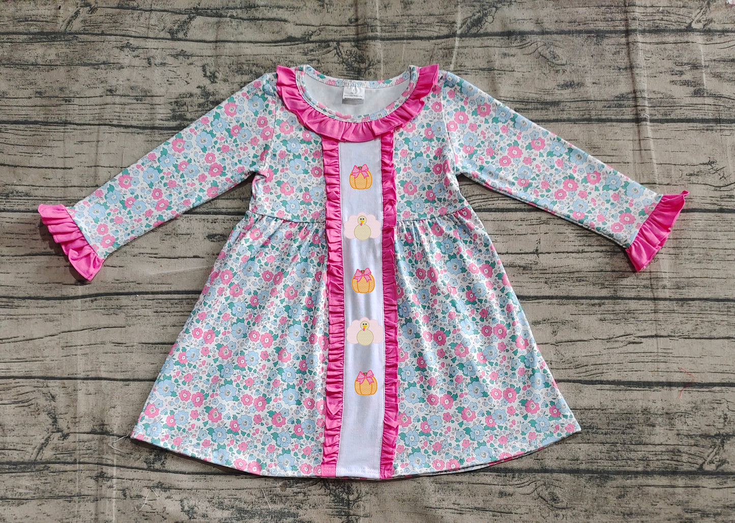 GLD1053 Embroidery Baby Girls Floral Turkey Pumpkins Knee Length Dresses D 6.23