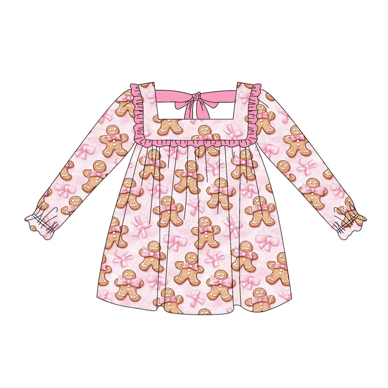 presale GLD1060 Long sleeves pink bow gingerbread girls Christmas dress D 5.16