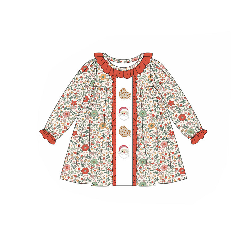 GLD1062 Embroidery Baby Girls Christmas Floral Santa Cakes Knee Length Dresses D 906