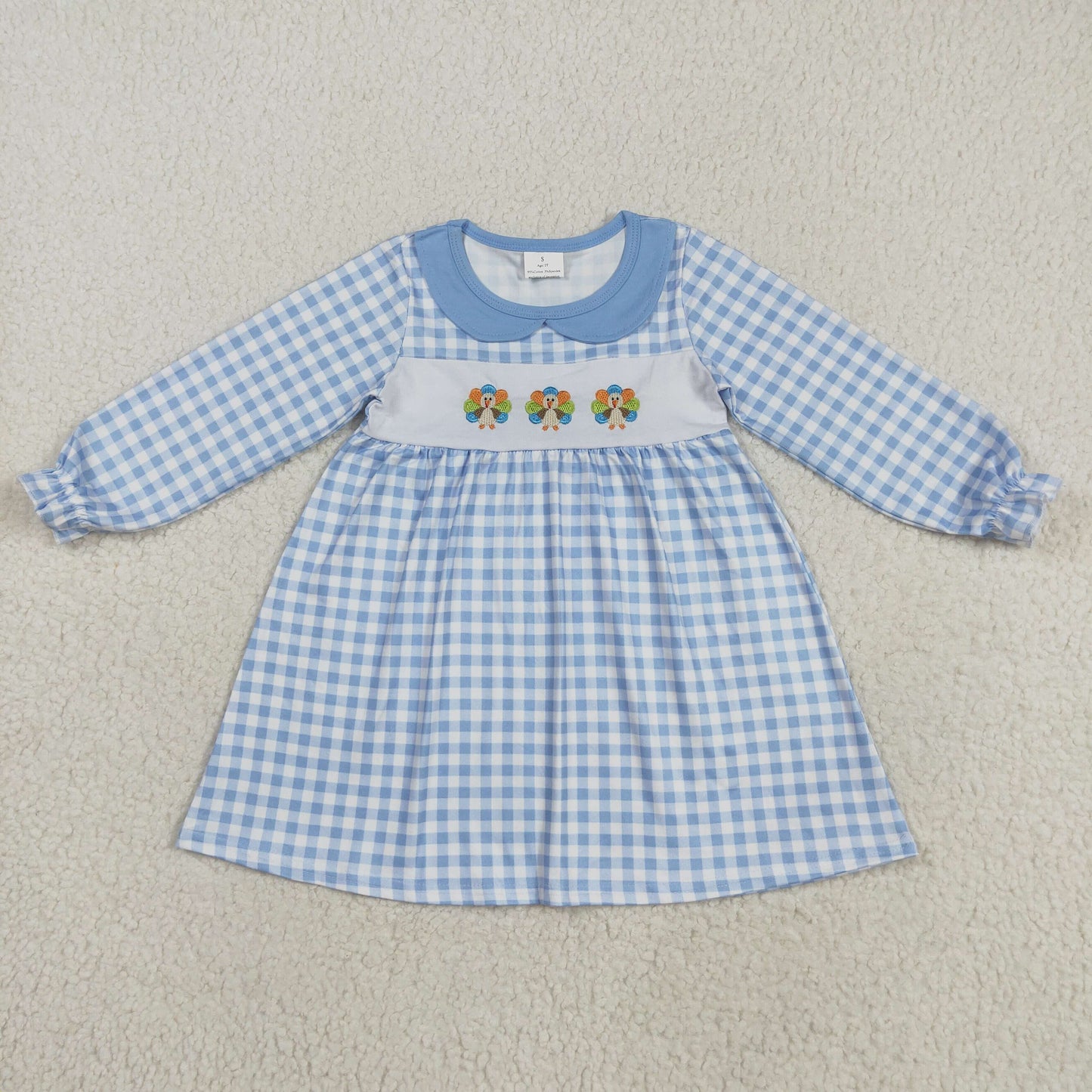 GLD1070 Baby Girls Blue Long Sleeves Plaid Turkey Ruffle Knee Length Dress D 8.4