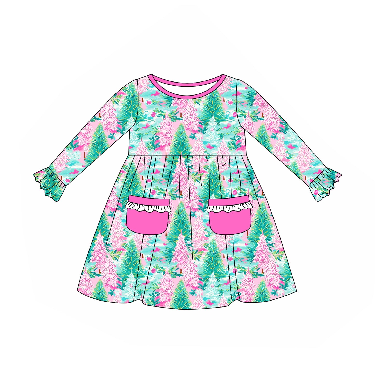 GLD1072 Baby Girls Long Ruffle Sleeves Trees Floral Pockets Knee Length Dress D 6.18