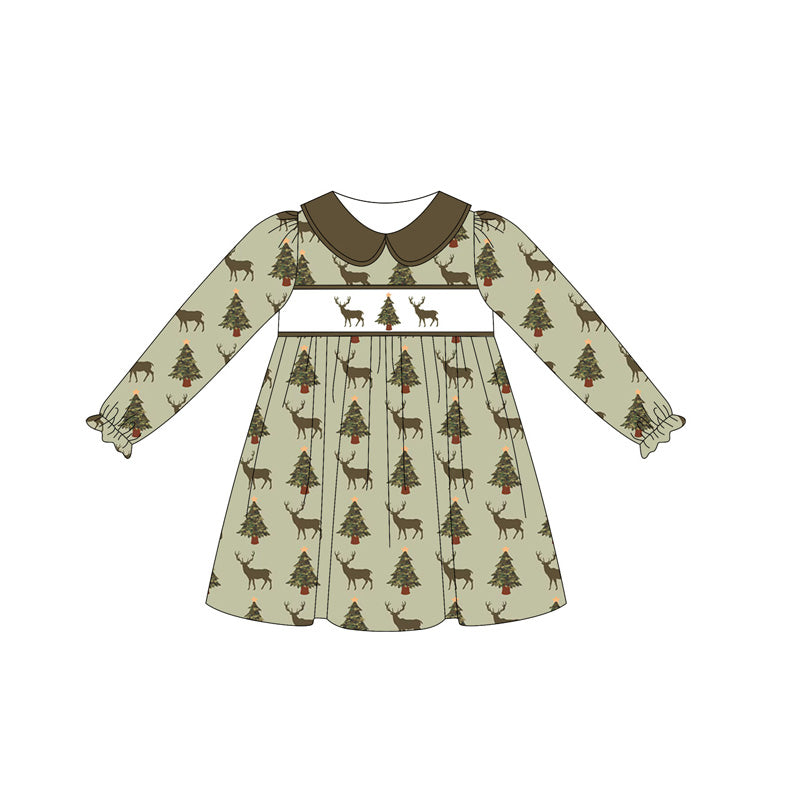 presale GLD1081 Baby Girls Olive Long Ruffle Sleeves Deer Trees Knee Length Dresses D 5.23