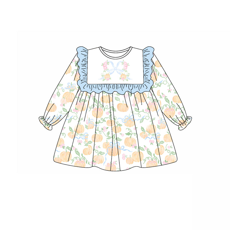 GLD1084 Baby Girls Long Ruffle Sleeves Light Blue Pumpkins Plaid Knee Length Dresses D 7.12