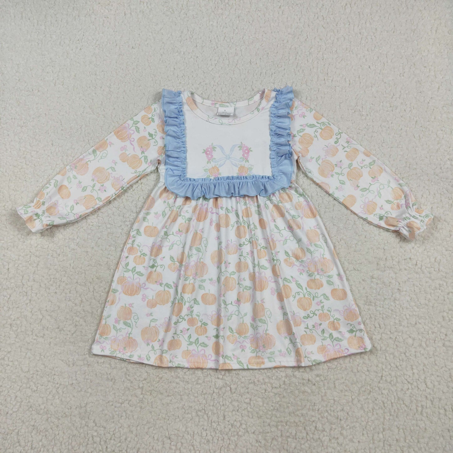 GLD1084 Baby Girls Long Ruffle Sleeves Light Blue Pumpkins Plaid Knee Length Dresses D 7.12