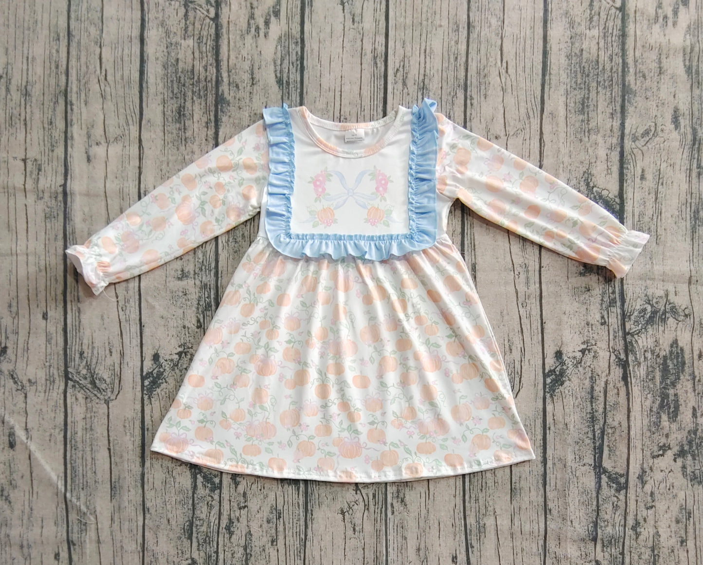 GLD1084 Baby Girls Long Ruffle Sleeves Light Blue Pumpkins Plaid Knee Length Dresses D 7.12