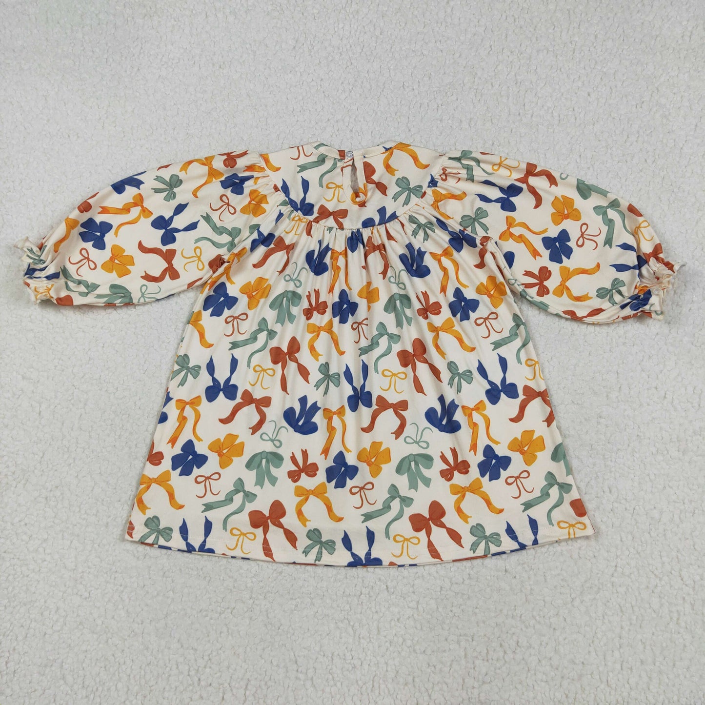 GLD1086 Baby Girls Long Ruffle Sleeves Smocked Thankful Colorful Bows Knee Length Dresses D 7.21