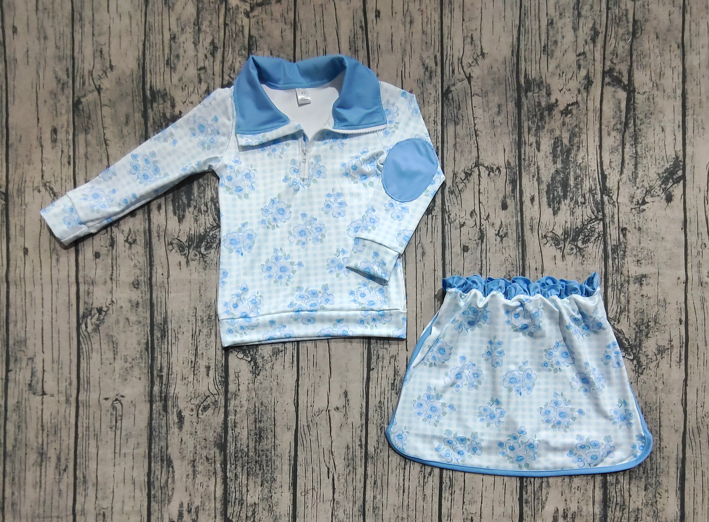 GLD1097 Baby Girls Long Sleeves Blue Flowers Plaid Zipper Top Skorts Yoga Set D 6.21