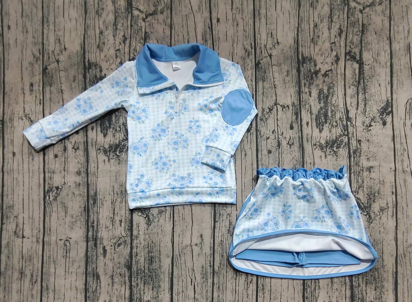 GLD1097 Baby Girls Long Sleeves Blue Flowers Plaid Zipper Top Skorts Yoga Set D 6.21