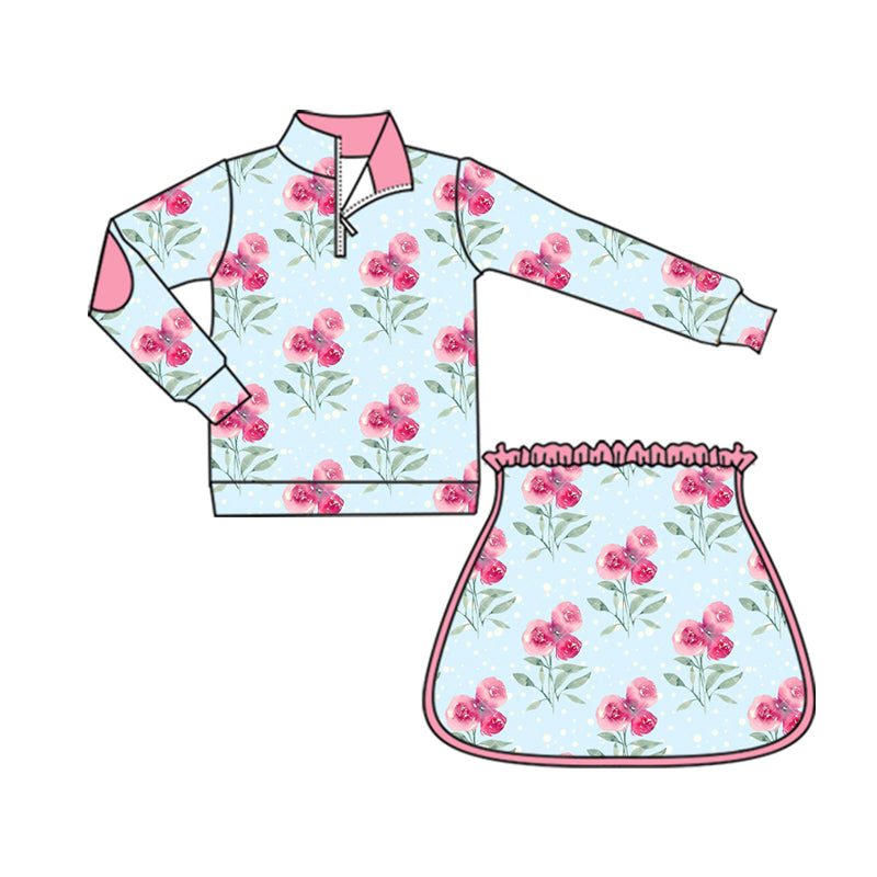 presale GLD1099 Baby Girls Long Sleeves Pink Flowers Zipper Top Skorts Yoga Set D 5.30