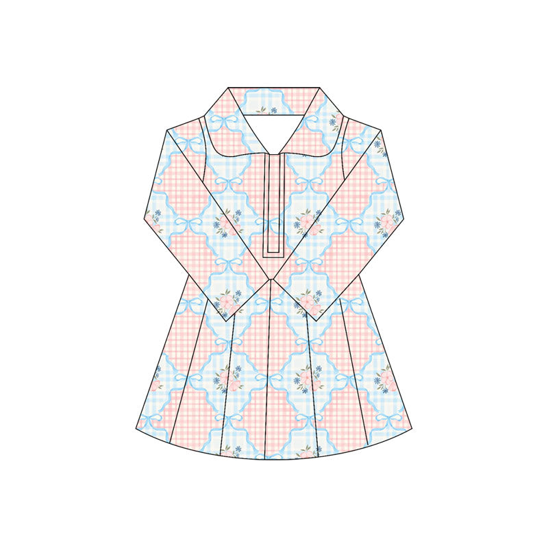 presale GLD1101 Baby Girls Long Sleeves Pink Flowers Plaid Zipper Knee Length Dresses D 5.30