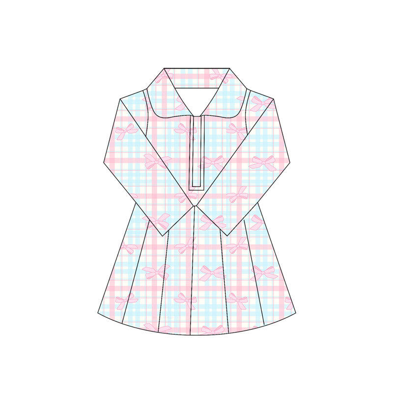 presale GLD1106 Baby Girls Long Sleeves Pink Bows Plaid Zipper Knee Length Dresses D 5.30