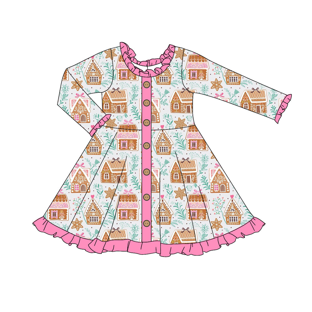 presale GLD1108 Baby Girls Long Ruffle Sleeves Houses Snowflake Button Knee Length Dresses D 5.30