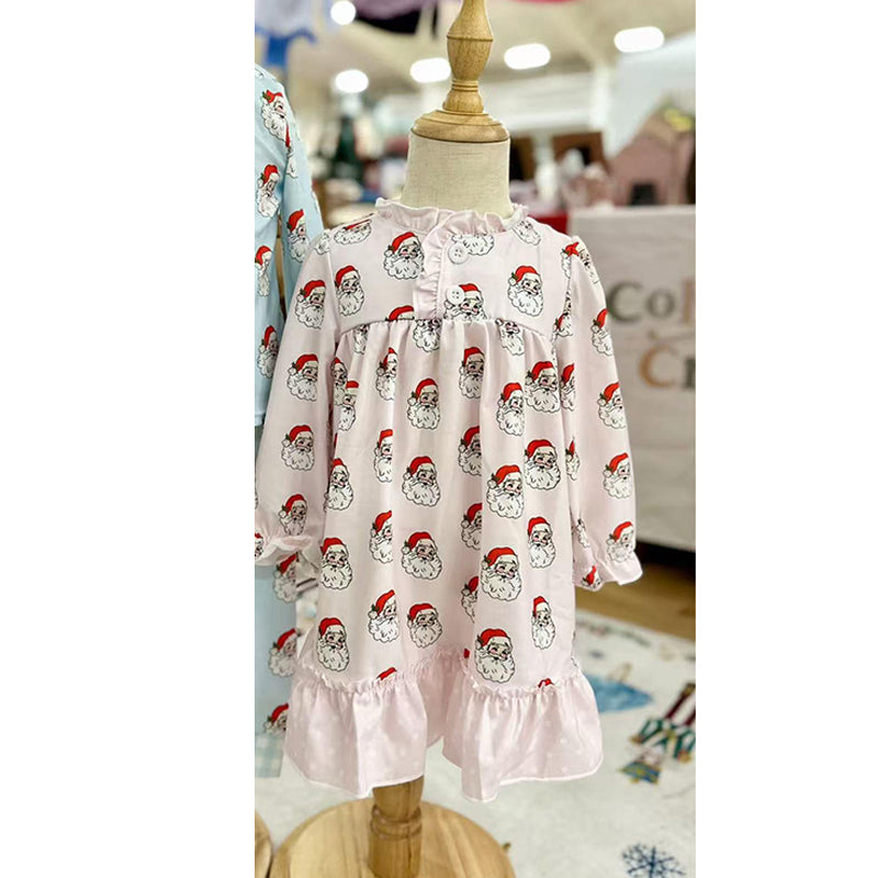 presale GLD1109 Baby Girls Long Ruffle Sleeves Pink Santa Plaid Button Knee Length Dresses D 5.30