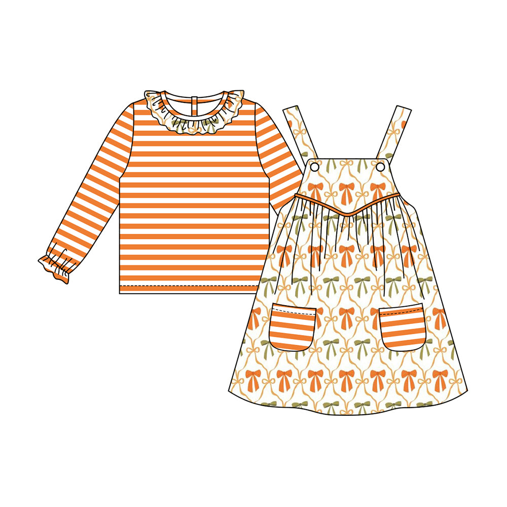 presale GLD1110 Baby Girls Stripe Long Sleeves Top Pockets Knee Length Dresses Set D 6.2