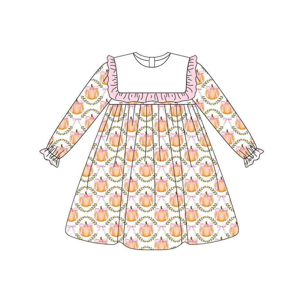 presale GLD1112 Baby Girls Long Ruffle Sleeves Pumpkins Bows Plaid Knee Length Dresses D 6.3