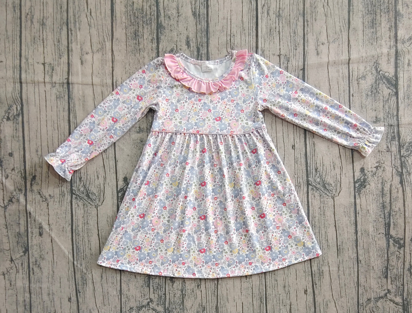 GLD1120 Baby Girls Long Ruffle Sleeves Blue Floral Knee Length Dress D 8.2