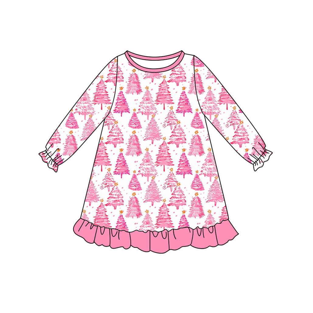 presale GLD1126 Baby Girls Long Ruffle Sleeves Pink Trees Plaid Knee Length Dresses D 6.11
