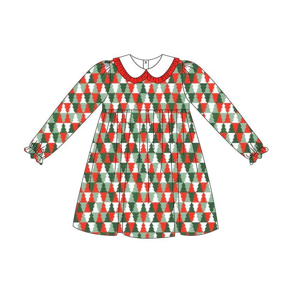 presale GLD1132 Baby Girls Long Ruffle Sleeves Red Green Trees Plaid Knee Length Dresses D 6.14