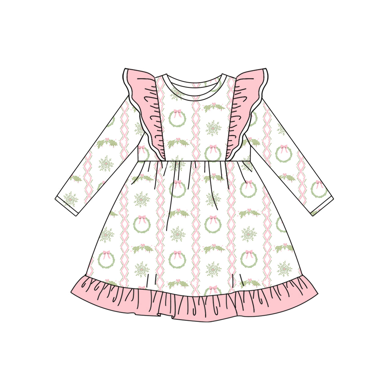 presale GLD1141 Baby Girls Long Sleeves Pink Bows Holly Ruffle Knee Length Dresses D 6.17