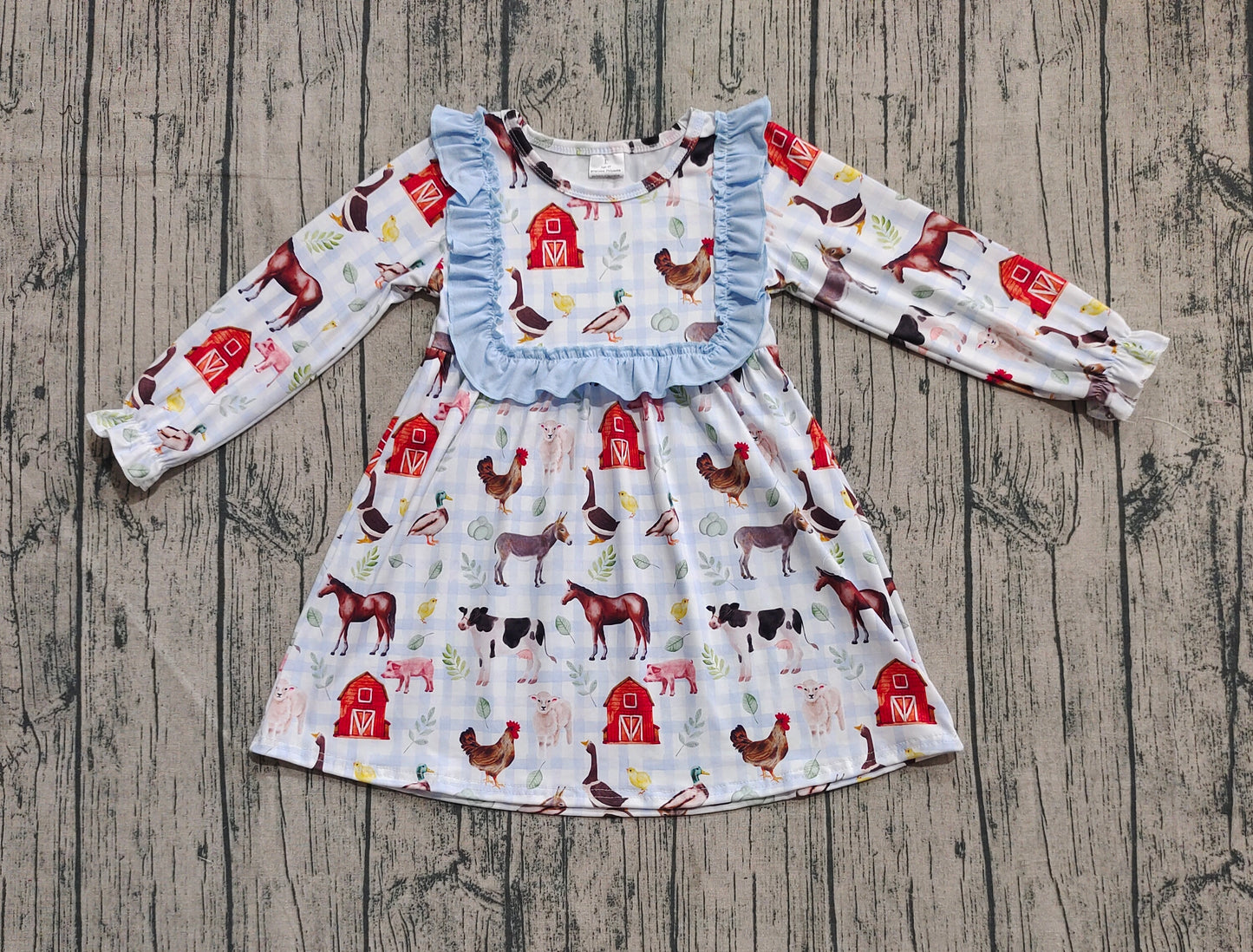 GLD1171 Baby Girls Long Ruffle Sleeves Houses Chicks Farm Knee Length Dresses D 7.21