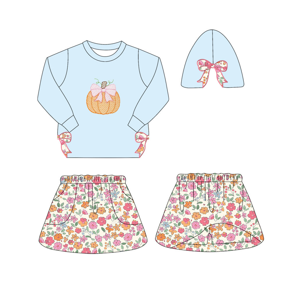 GLD1172 Baby Girls Blue Long Sleeves Bows Pumpkin Top Flowers Skorts Set D 903