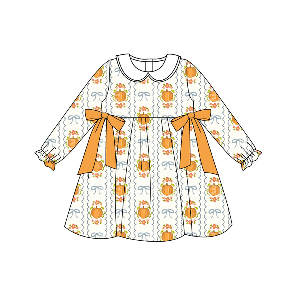 presale GLD1180 Baby Girls Long Ruffle Sleeves Pumpkin Bows Plaid Knee Length Dresses D 7.3