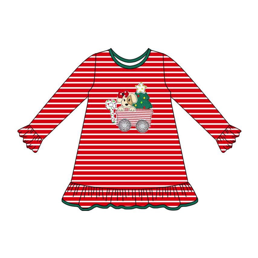 presale GLD1194 Baby Girls Long Ruffle Sleeves Christmas Trees Trucks Knee Length Dresses D 7.8
