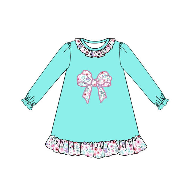 GLD1204 Baby Girls Aqua Long Ruffle Sleeves Floral Bows Knee Length Dresses D 1023