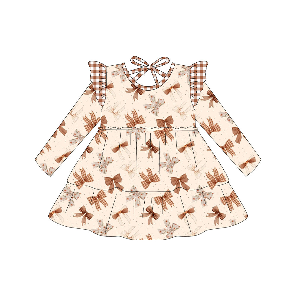 presale GLD1210 Baby Girls Long Sleeves Khaki Bows Plaid Knee Length Dresses D 7.15