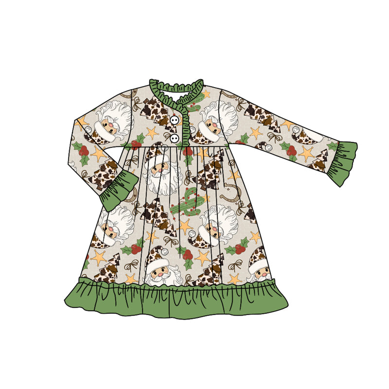 presale GLD1214 Baby Girls Long Ruffle Sleeves Santa Cactus Plaid Button Knee Length Dresses D 7.15
