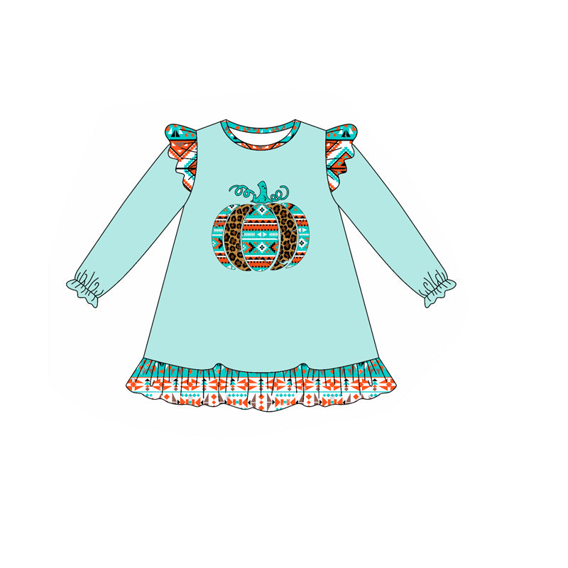 presale GLD1216 Baby Girls Light Blue Long Ruffle Sleeves Leopard Pumpkins Knee Length Dresses D 7.16