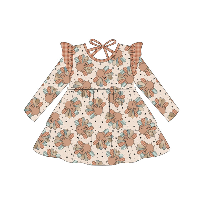 presale GLD1217 Baby Girls Long Sleeves Turkey Stars Plaid Knee Length Dresses D 7.16