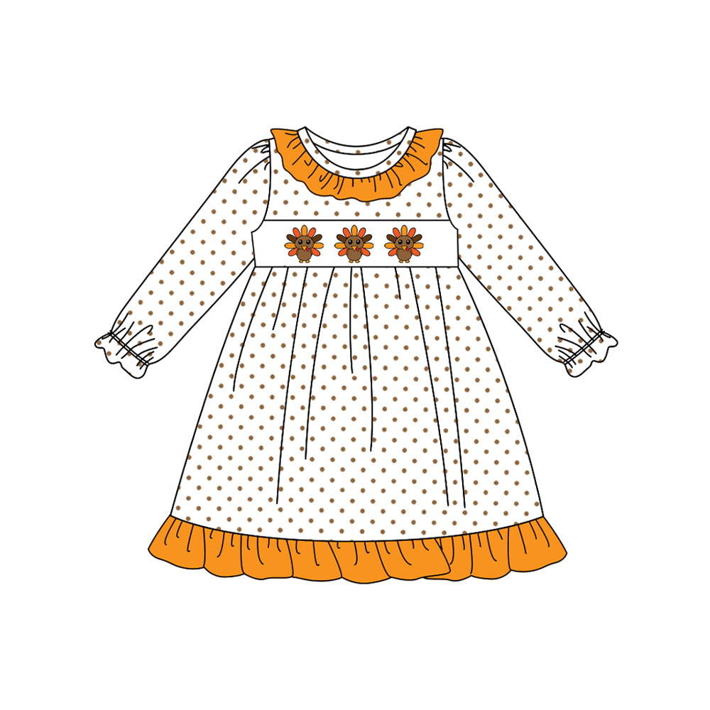 presale GLD1218 Baby Girls Long Ruffle Sleeves Turkey Polka Dots Knee Length Dresses D 7.16