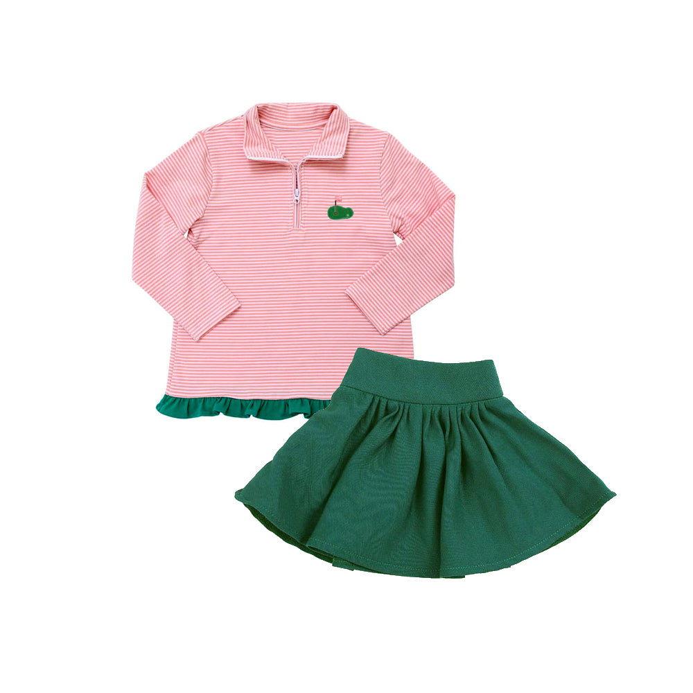 presale GLD1219 Baby Girls Stripe Long Ruffle Sleeves Golf Zipper Pullovers Top Skorts Set D 7.17