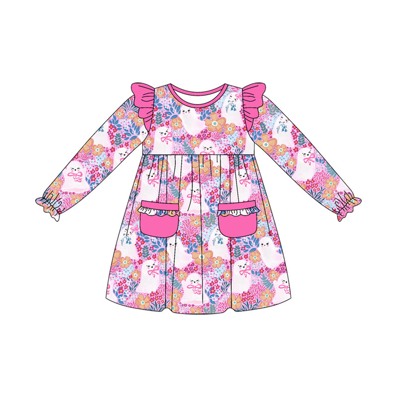 presale GLD1222 Baby Girls Long Ruffle Sleeves Ghosts Floral Pockets Knee Length Dresses D 7.17
