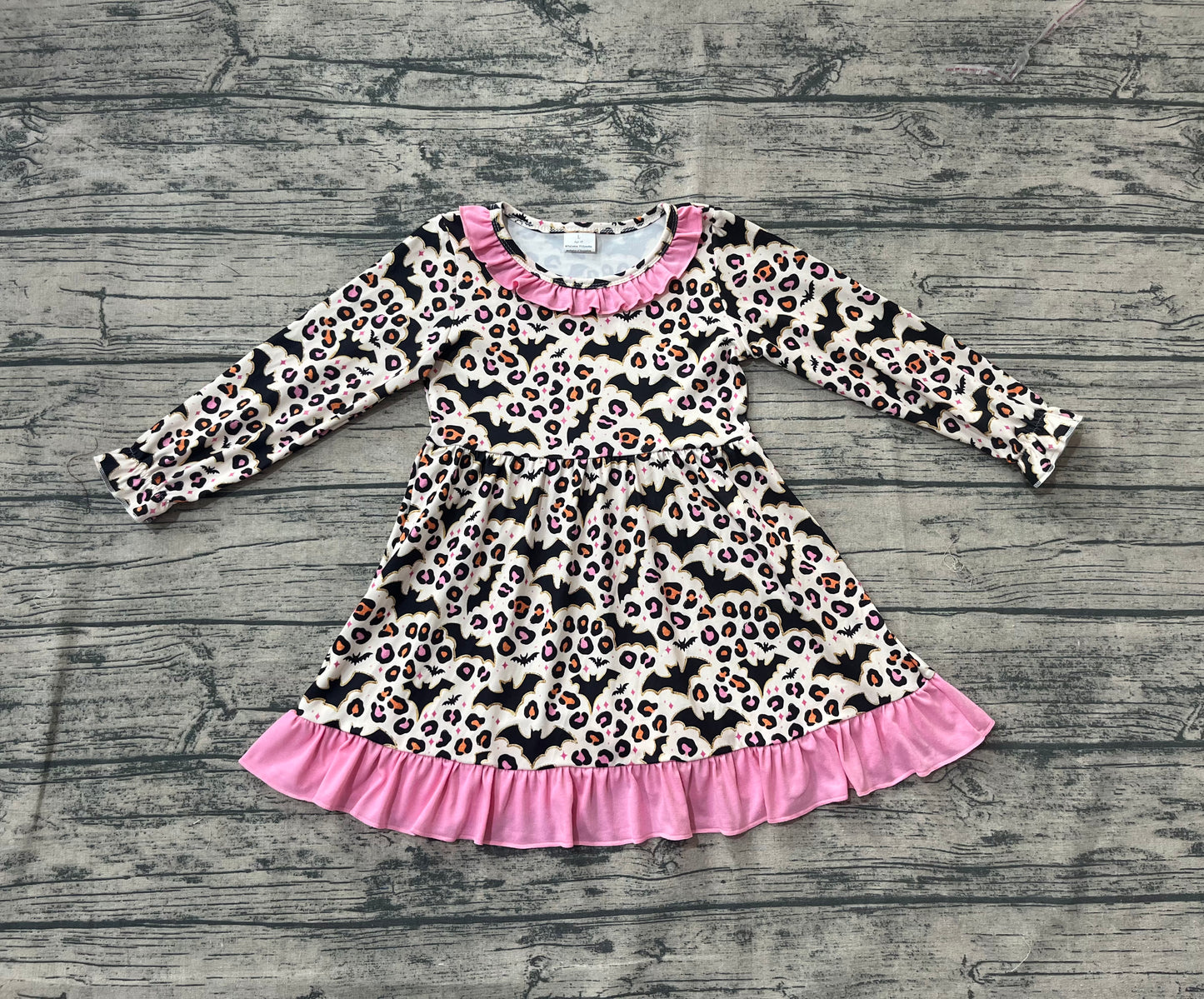 GLD1224 Baby Girls Long Ruffle Sleeves Leopard Bats Plaid Knee Length Dresses D 903