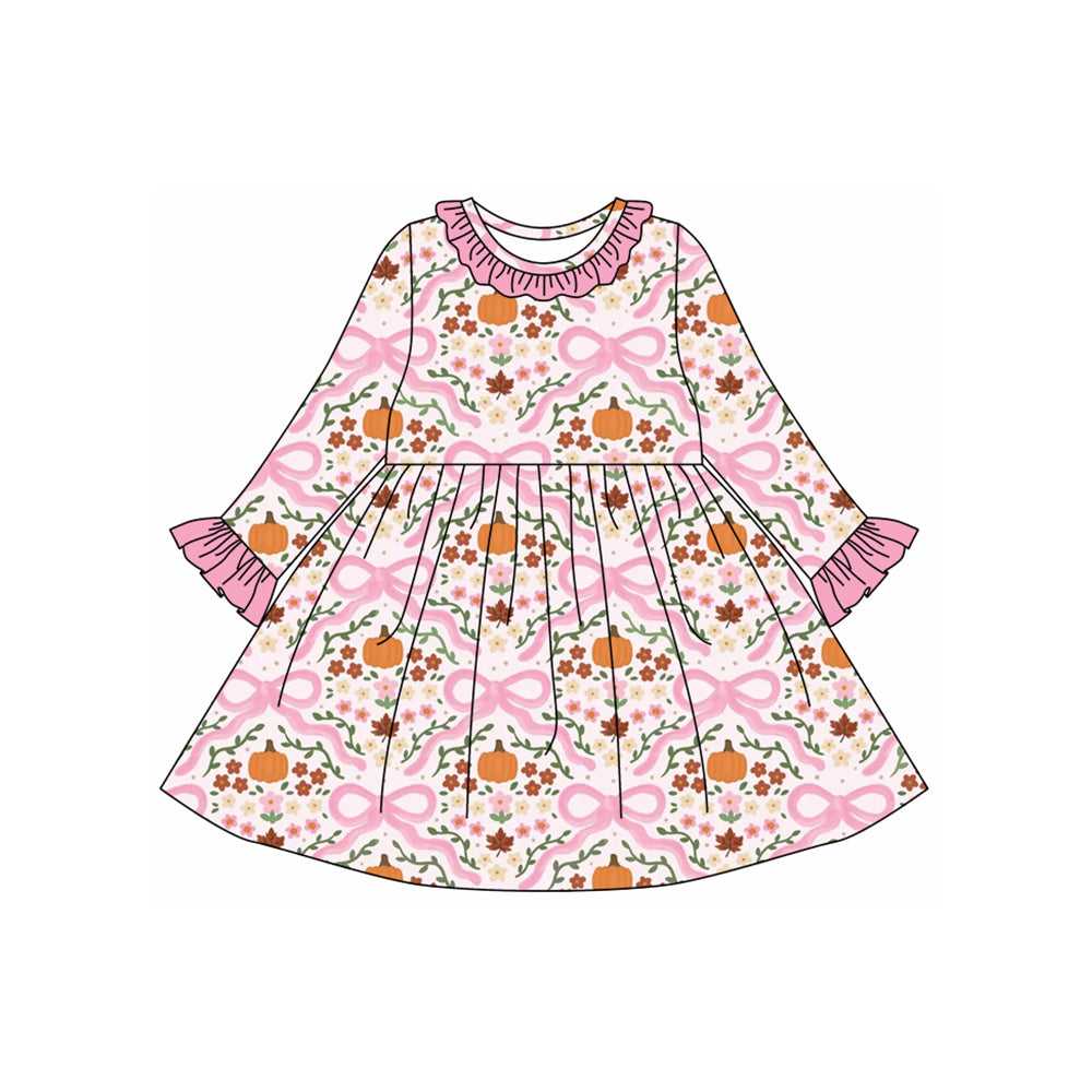 presale GLD1226 Baby Girls Long Ruffle Sleeves Bows Floral Pumpkins Plaid Knee Length Dresses D 7.23