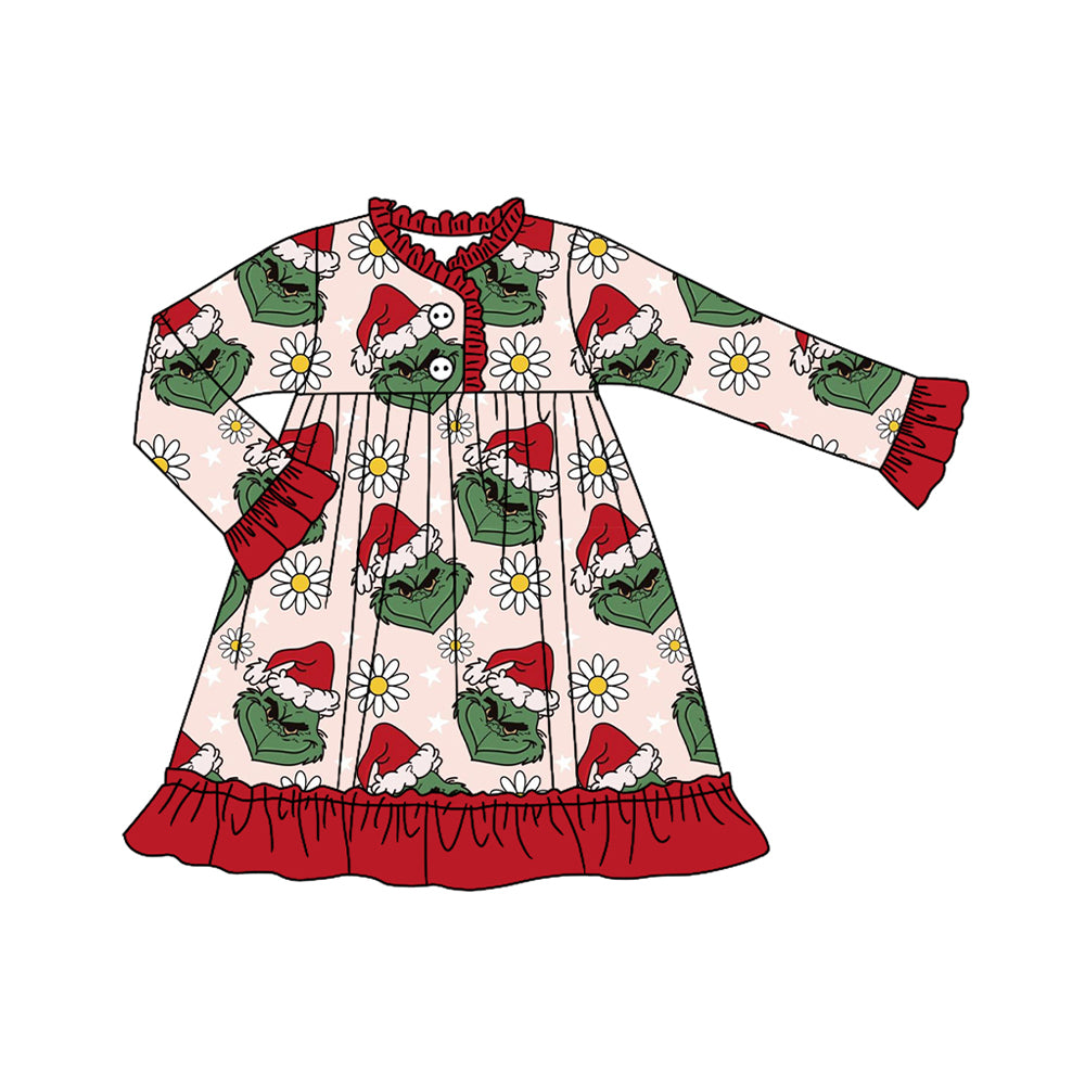 GLD1230 Baby Girls Button Christmas Hats Green Face Flowers Ruffle Knee Length Dress D 829
