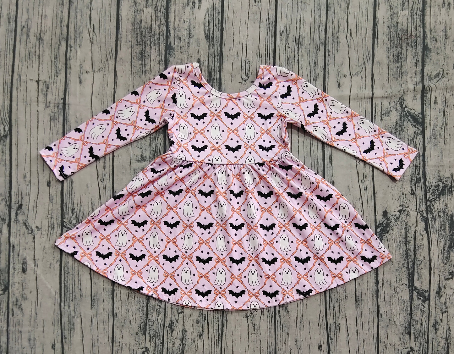 GLD1232 Baby Girls Pink Long Sleeves Bows Bats Ghosts Plaid Knee Length Dresses D 906