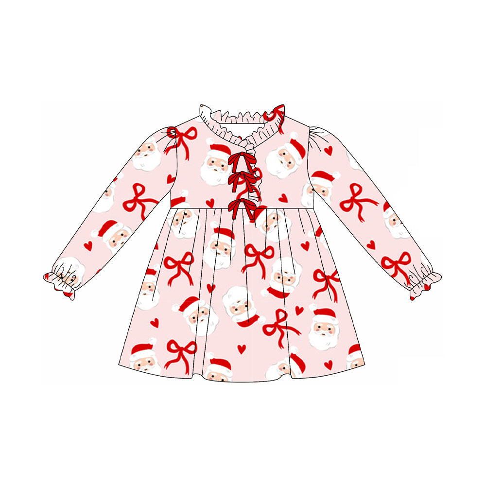 GLD1233 Baby Girls Pink Long Ruffle Sleeves Bows Santa Plaid Knee Length Dresses D 925