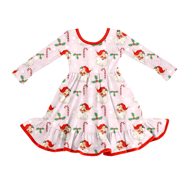 GLD1251 Baby Girls Santa Candy Cane Holly Christmas Ruffle Knee Length Dresses D 924