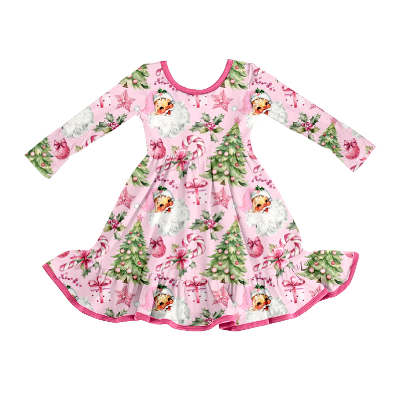 GLD1252 Baby Girls Santa Candy Cane Christmas Trees Ruffle Knee Length Dresses D 922